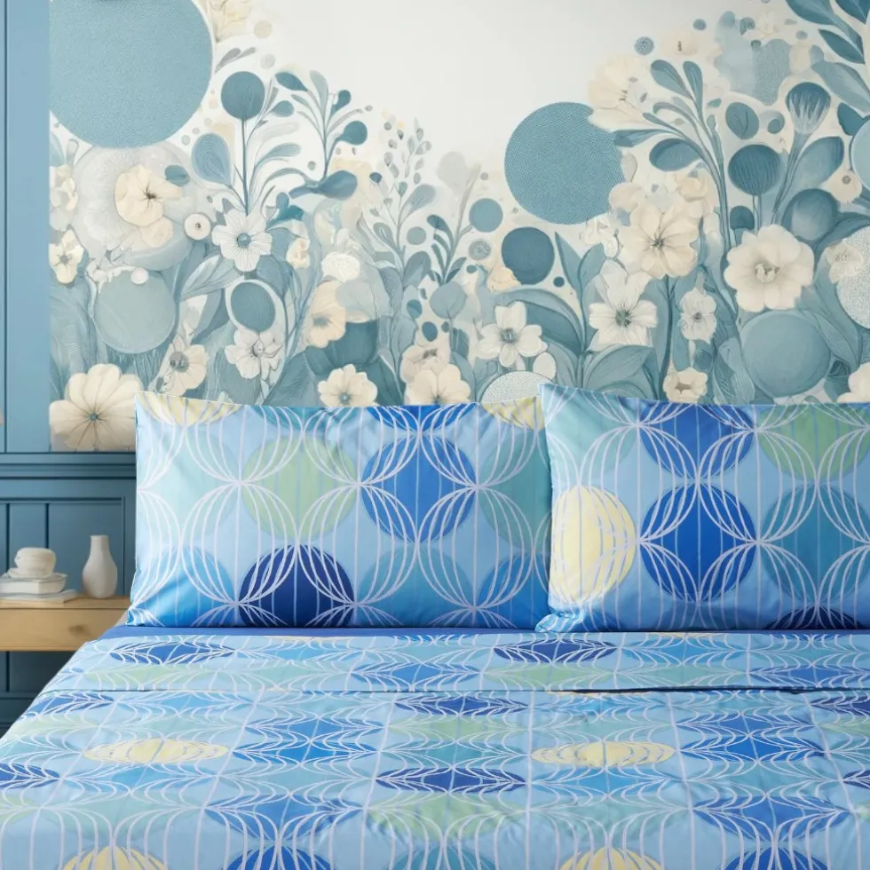 Set Lenzuola Meridiani Azzurro in Cotone - Design Geometrico Moderno