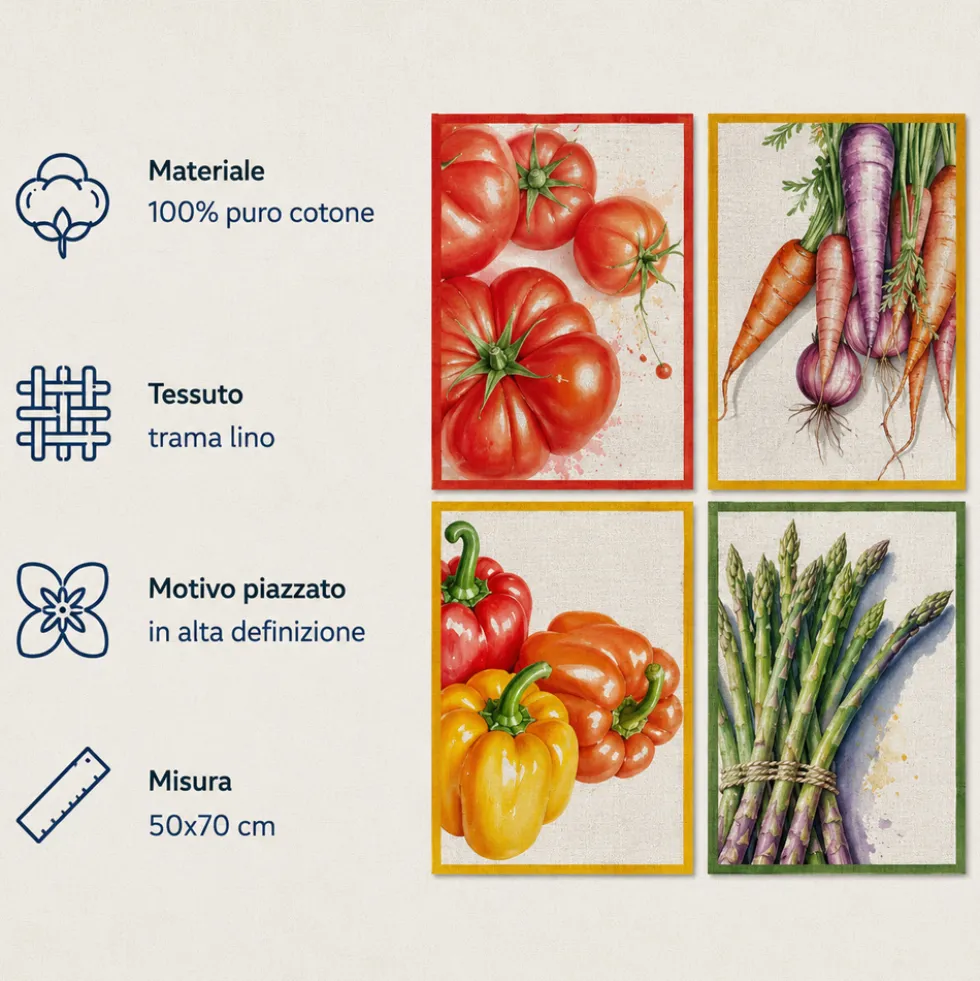 Set 4 Strofinacci da cucina 50x70 | 100% Cotone Vegetables