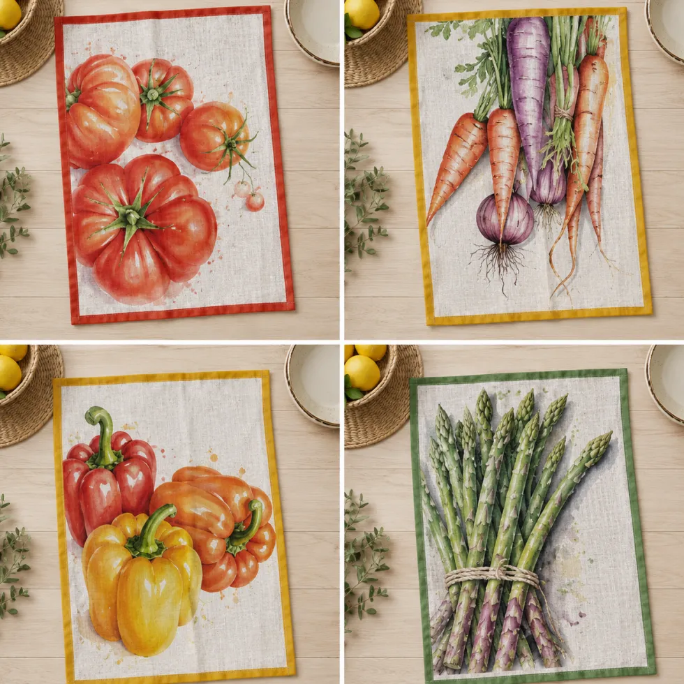 Set 4 Strofinacci da cucina 50x70 | 100% Cotone Vegetables