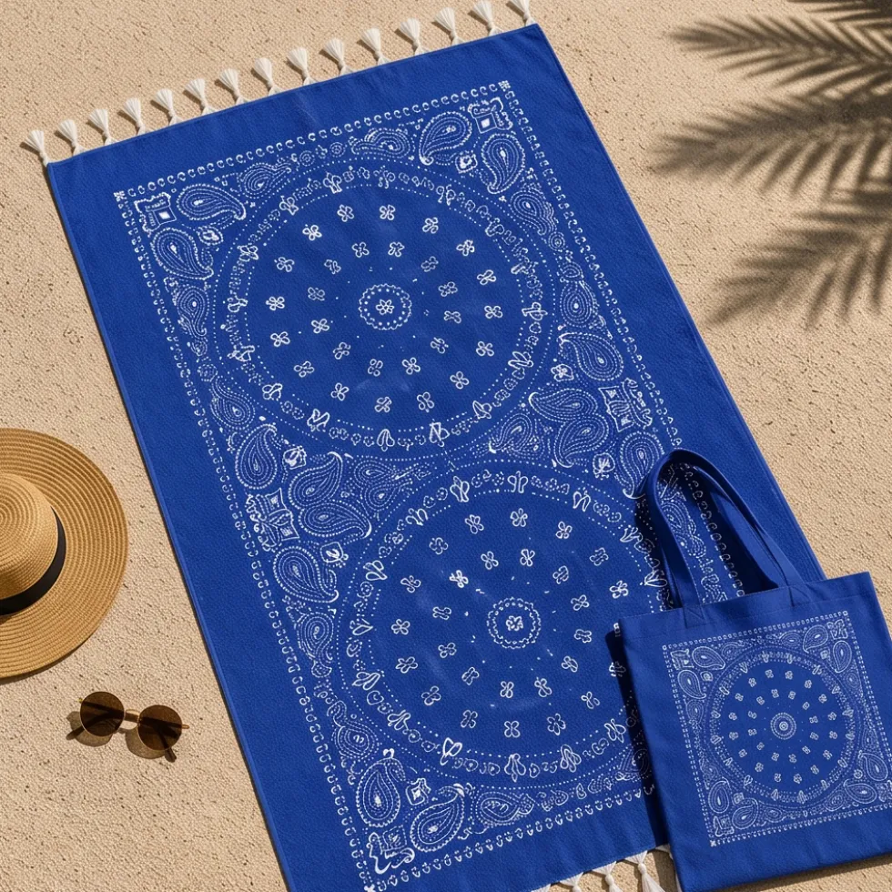 Set Telo Mare Fouta con Frange + borsa in tessuto abbinata blu