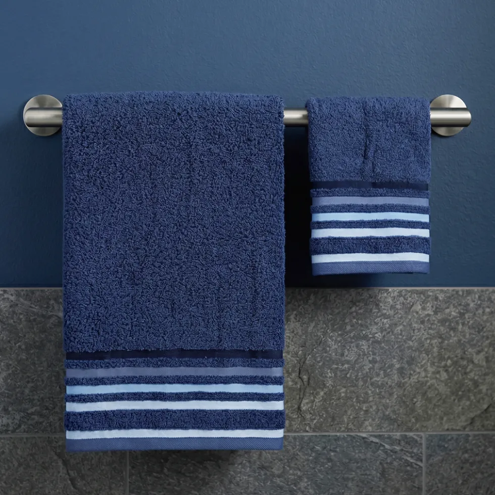 Set 1+1 viso e ospite in spugna Blu Navy con righe jacquard