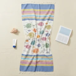 Telo Mare in Cotone Fouta spiaggia con Frange 100x200 cm Pesci Impronte