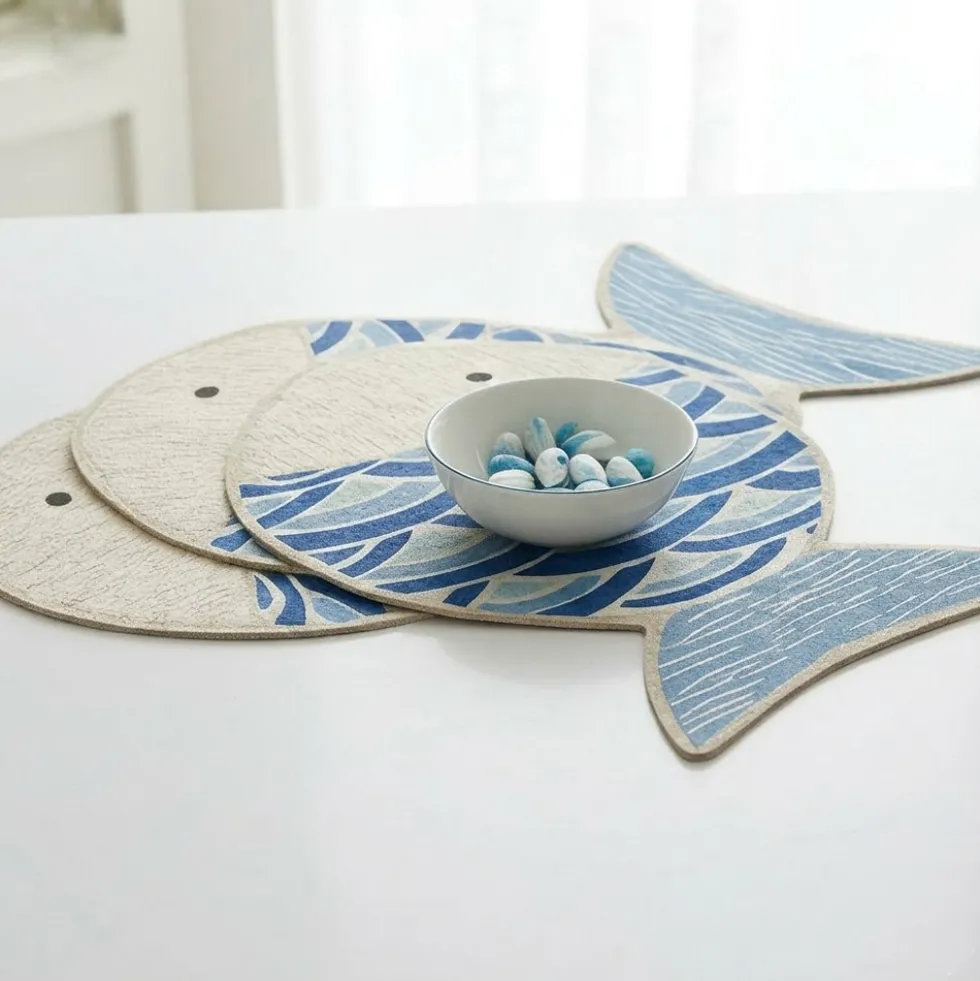 Tovaglietta sagomata in cotone fantasia marina Blue Fish 33x48 cm